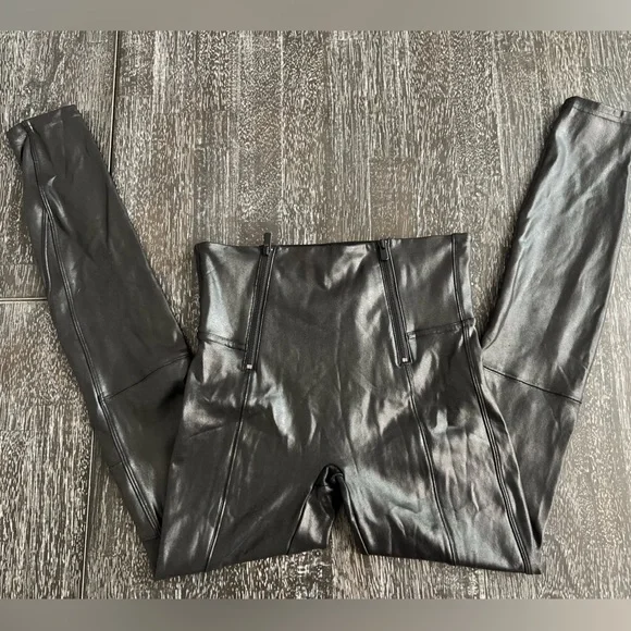 Spanx Faux Leather Hip Zip Leggings in Black - Picture 1 of 5